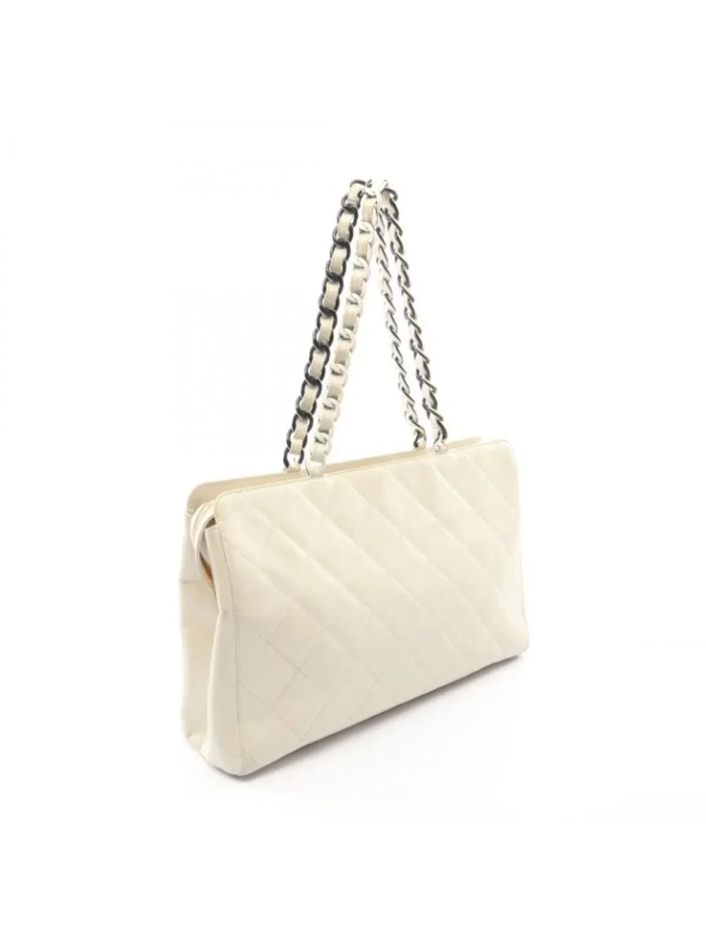 Chanel Tote Quilted White Leather Plastic Chain
